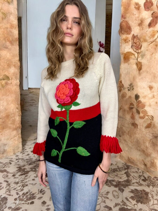 Marnie, 70s floral wool hand knit sweater