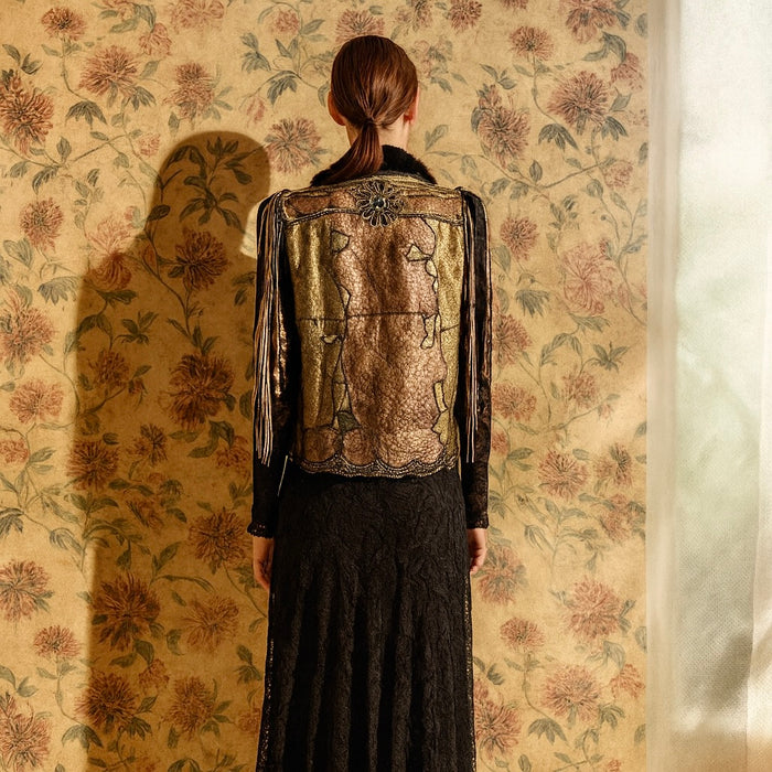 Tai, vintage metallic patchwork fringed sheepskin waistcoat