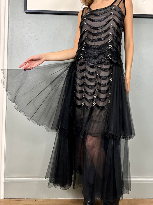 Jasmine, 30s black net and beaded dress