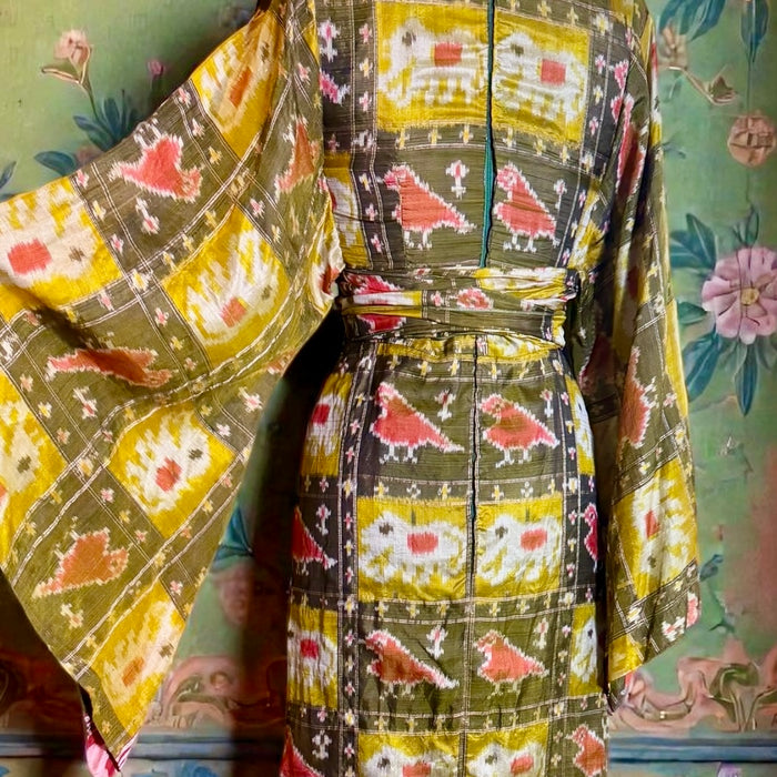 Thea Porter, Couture 70s silk print angel sleeve tiered dress