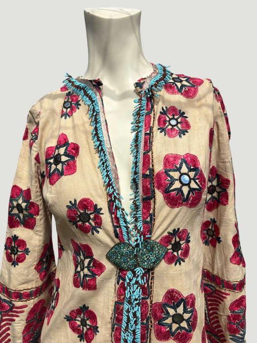 Chapan, early 19th C Uzbek chapan embroidered and beaded robe with couched Edwardian floral embroidery and turquoise buckle
