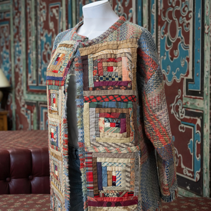 Kitty, reworked 70s blanket coat with Victorian patchwork samplers