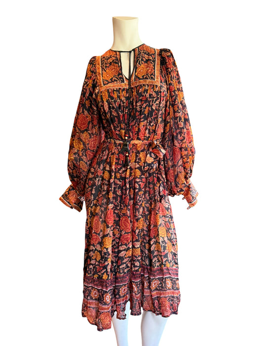Anchor, 70s silk Indian block print balloon sleeves belted dress