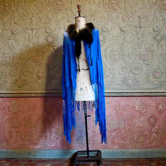 Sasha, 40s cobalt blue embroidered piano shawl feather fringed cape