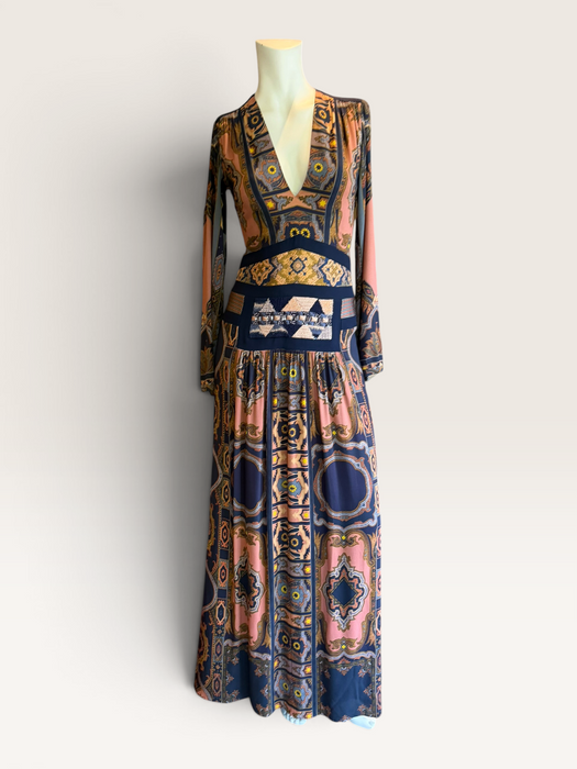 Etro, Fall 2015, runway geometric print beaded long jersey dress