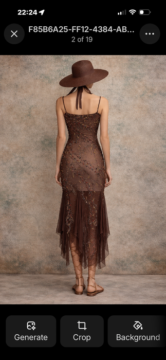 Tory, 90s beaded brown bias cut chiffon handkerchief dress