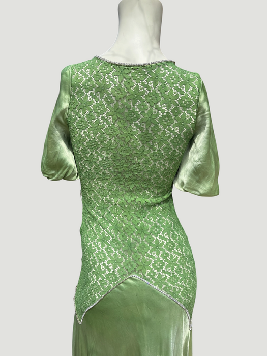 Astrid, 1930s silk and lace green hand dyed bias cut dress with rhinestone details