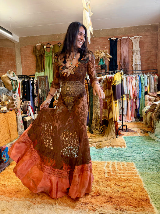 Arlo, 1930s burnt orange lace bias cut dress with Edwardian metallic embroidery and hand made silk florals