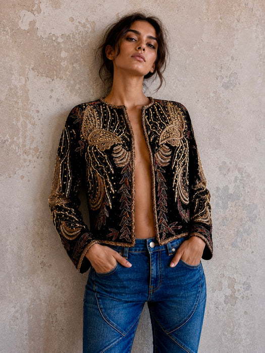 Praise, 1940s black velvet embroidered and beaded jacket