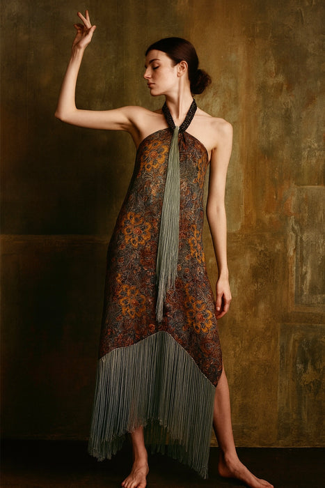 Norme, 20s floral fringed lamé dress