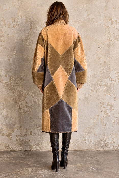 Tilly, 1980s reversible sheepskin and suede patchwork coat