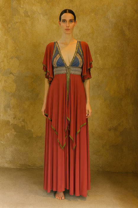 Maude, 70s jersey embroidered tiered dress