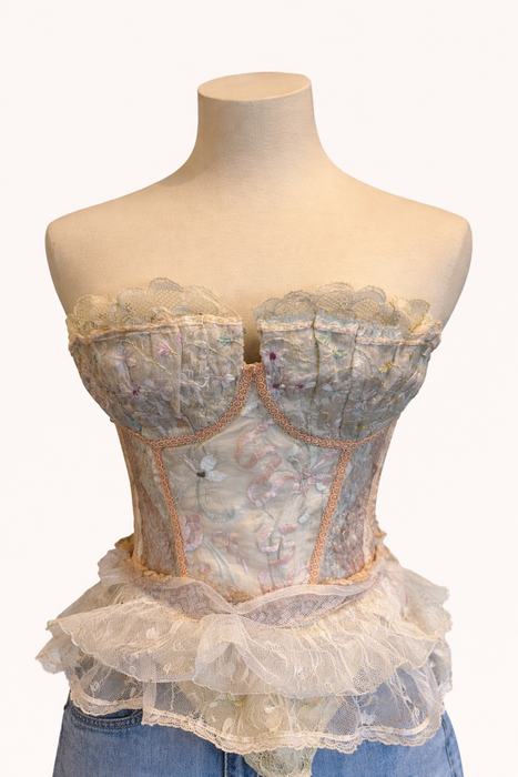 Mirabelle, repurposed 60s  corset with French organza, lace and floral embroidery