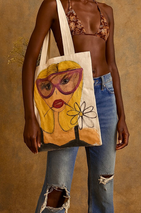 One Vintage hand painted tote bag