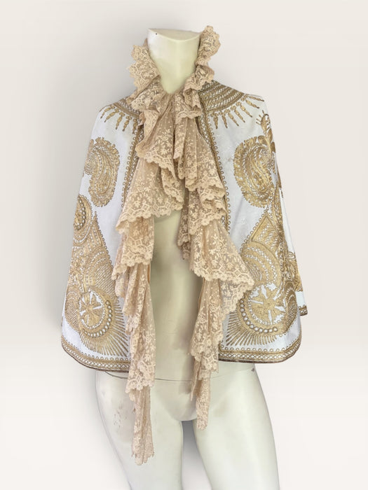 Shay, Ottoman cream and gold embroidered cape with cream lace ruffle collar