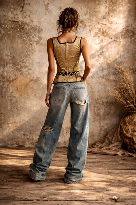 Marce, reworked 70s corseted top with Ottoman embroidery