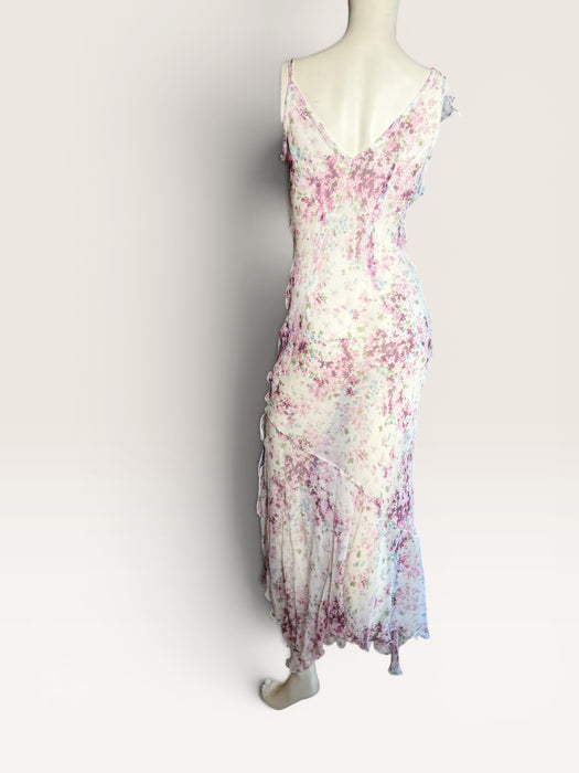 Lilly, 90s silk chiffon floral, bias cut frill dress