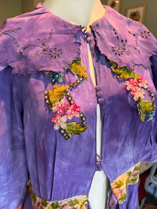Hyacinth, 30s hand dyed silk robe with Edwardian ribbon florals