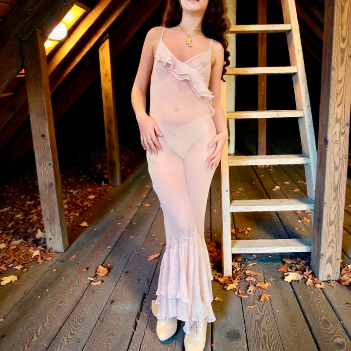 Honey, 90s pink chiffon bias cut, beaded dress