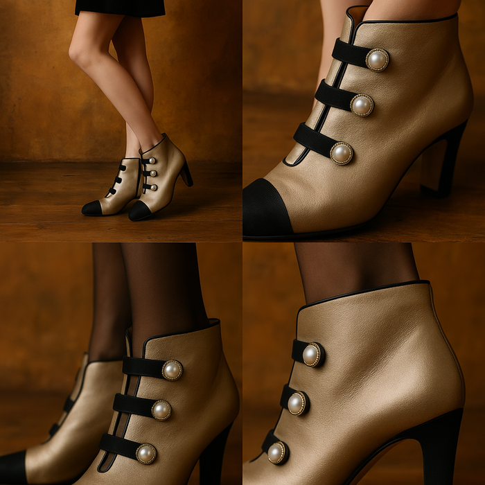 Chanel, Y2K gold and black heeled pearl button shoes