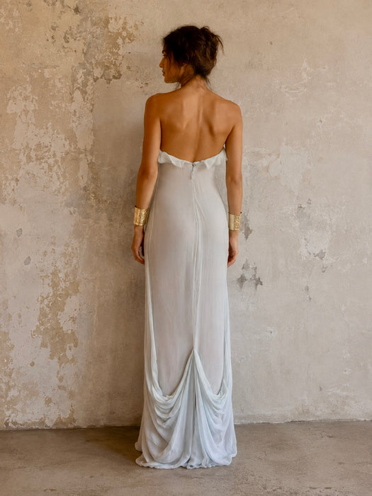 J Mendel, duck egg blue, chiffon draped corseted dress