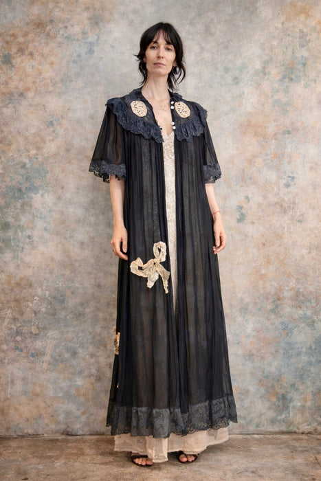 Gina, 30s black chiffon and lace robe with cream lace bows