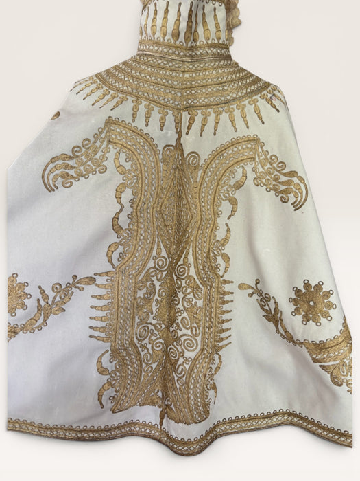 Shay, Ottoman cream and gold embroidered cape with cream lace ruffle collar