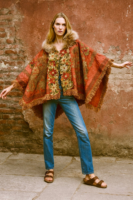 Paulina, 19thC silk embroidered fringed cape with needlepoint florals