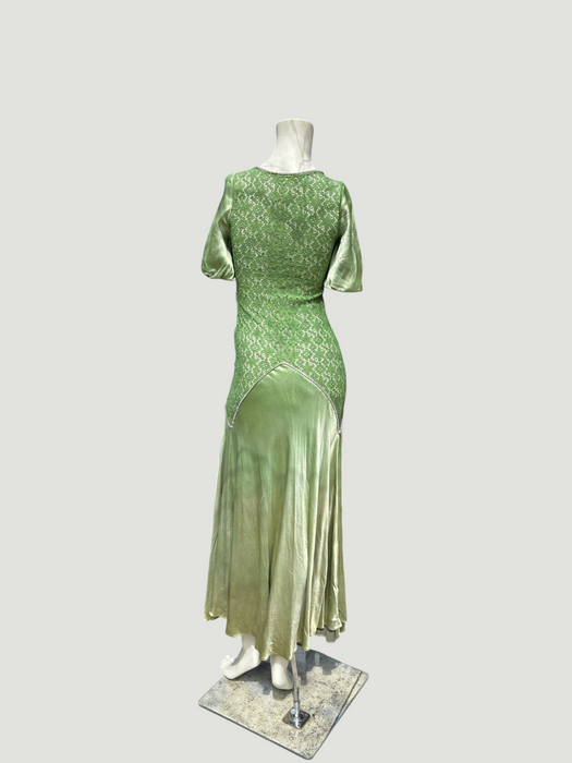 Astrid, 1930s silk and lace green hand dyed bias cut dress with rhinestone details