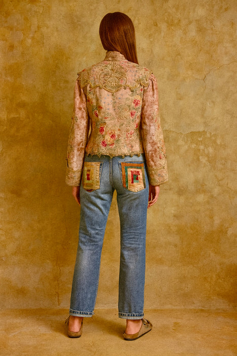 OV Denim, 70s jeans with Victorian hand embroidered patches