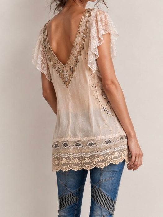 Ally, reworked 1920s silk and lace tunic with rhinestone detailing
