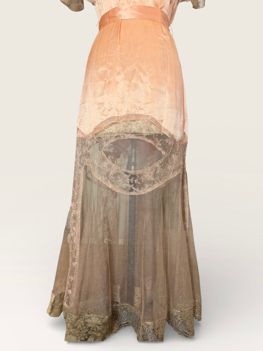 Patina, 30s peach silk and lace tulle belted wrap over dress/robe