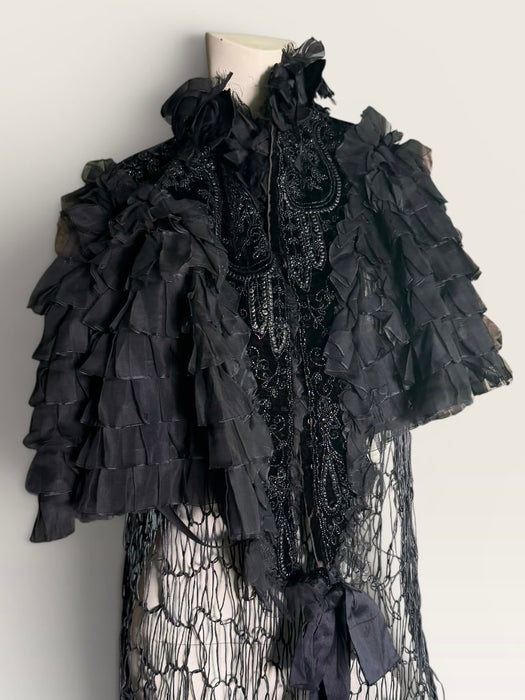 Elma, Victorian black silk ruffled cape with velour jet beaded collar