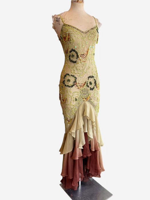 Flora, vintage bias cut beaded dress with ombré frill design