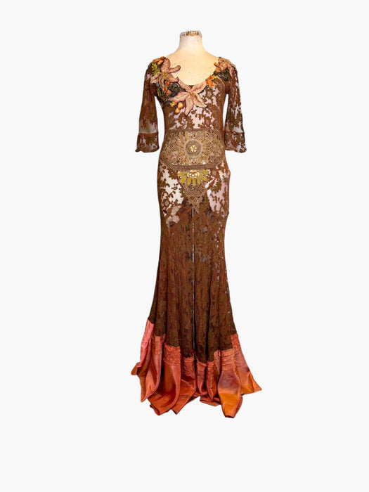 Arlo, 1930s burnt orange lace bias cut dress with Edwardian metallic embroidery and hand made silk florals