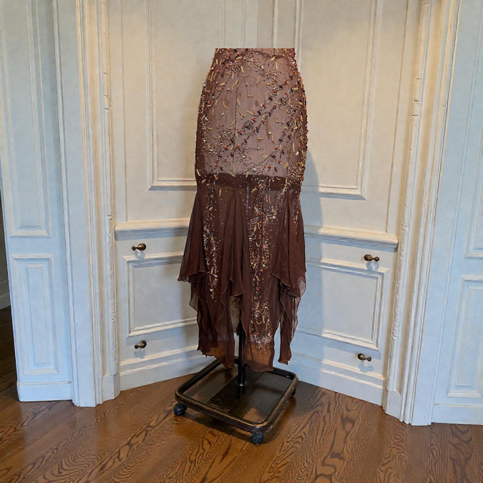 Tory, 90s beaded brown bias cut chiffon handkerchief dress
