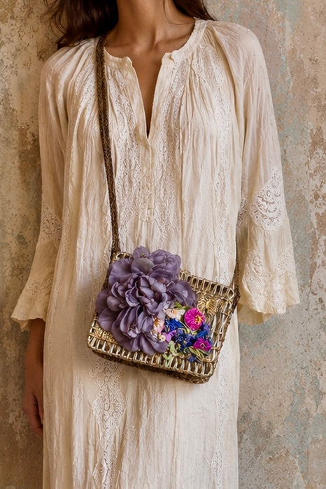 Magli, 70s Made Italy, gold straw shrouded bag with silk antique florals and gold plated butterfly