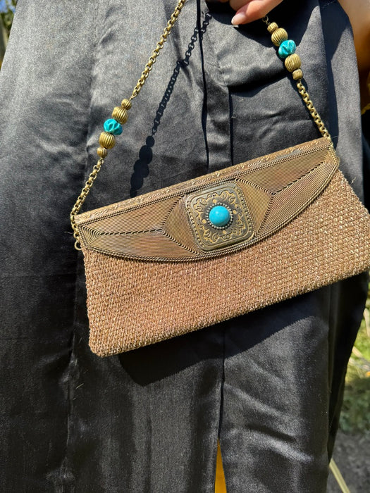 Kylie, 30s gold and turquoise beaded handbag