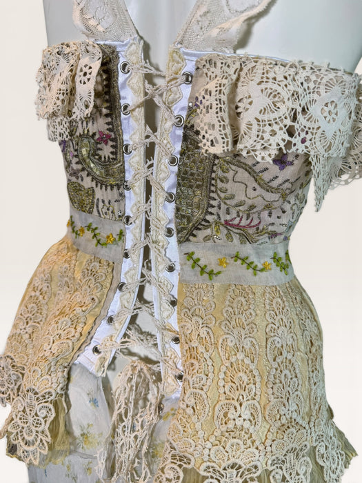 Sage, reworked Victorian embellished corset and organza frill long floral print skirt