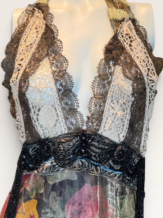 Dray, reworked 1920s floral lamé and metallic dress with glass black jet beaded fringed waistband
