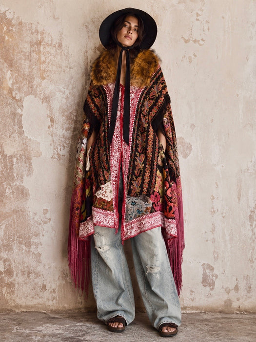Stacey, reworked 1930, wool embroidered cape with faux fur collar