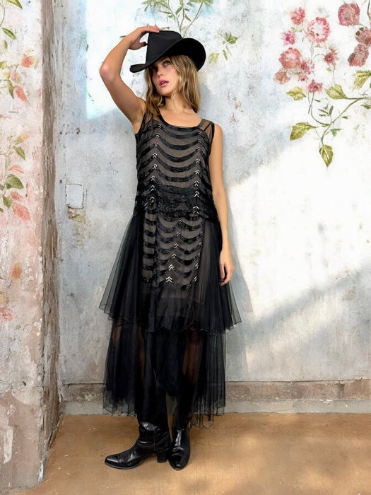 Jasmine, 30s black net and beaded dress