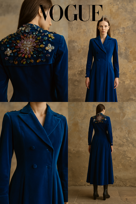 Stevie, 70s couture blue velvet double breasted jewelled coat