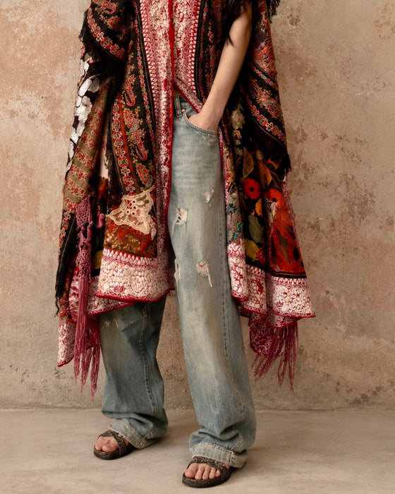 Stacey, reworked 1930, wool embroidered cape with faux fur collar