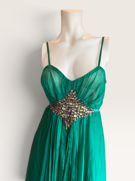 Tori, 90s emerald green silk chiffon Goddess dreamed beaded dress