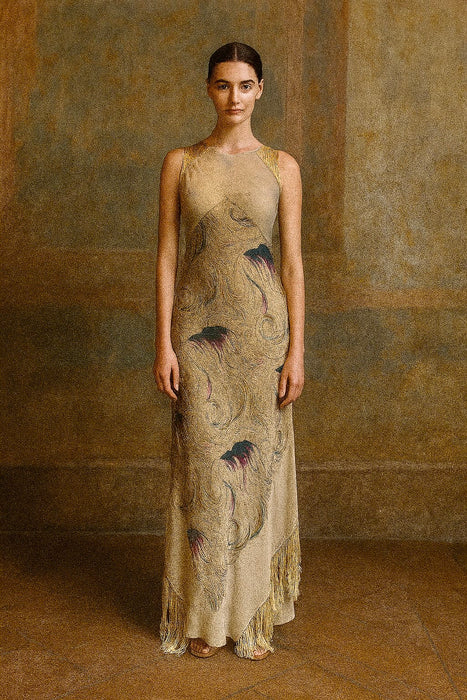 Martina, reworked 20s gold print lamé fringed dress