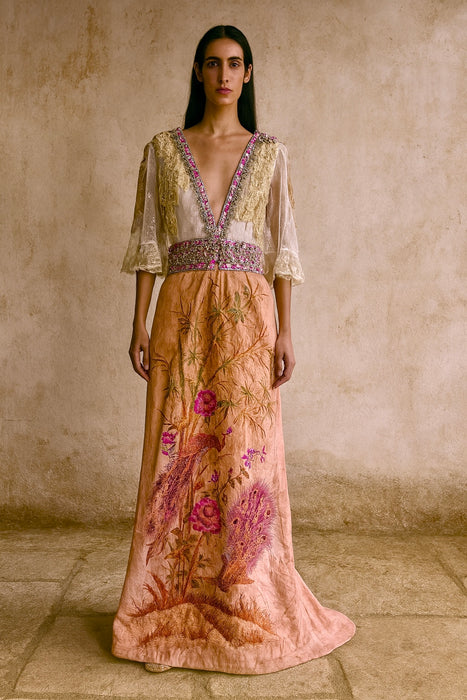 Aurora, reworked 18th C embroidered and lace dress