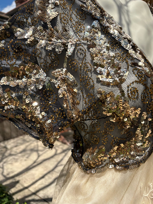 Daisy, 20s black and gold floral sequins and Victorian ecru lace dress