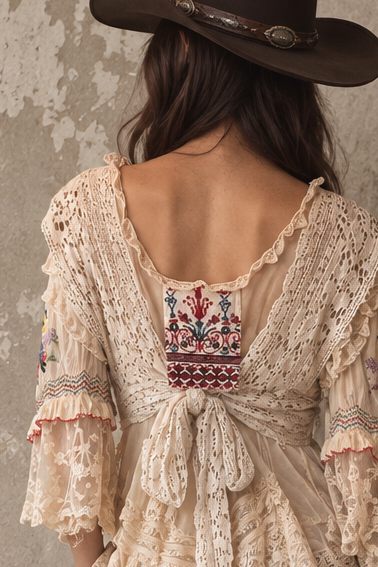 Paulina, reworked antique lace blouse with Romanian silk embroidered sleeves and collar