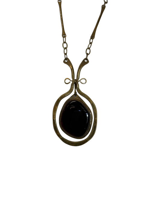 Felix, 70s modernist handmade brads chain and sculpted amber glass drop necklace